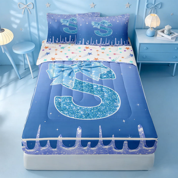 meiyoeat Blue Glitter Print Initial S Zipper Full Size Comforter Sets with Fitted Sheet and 2 Pillowcases,Cream Bowknot Monogram Print Zipper Bedding Set For Girl,Colorful Stars Reversible,4 Pieces