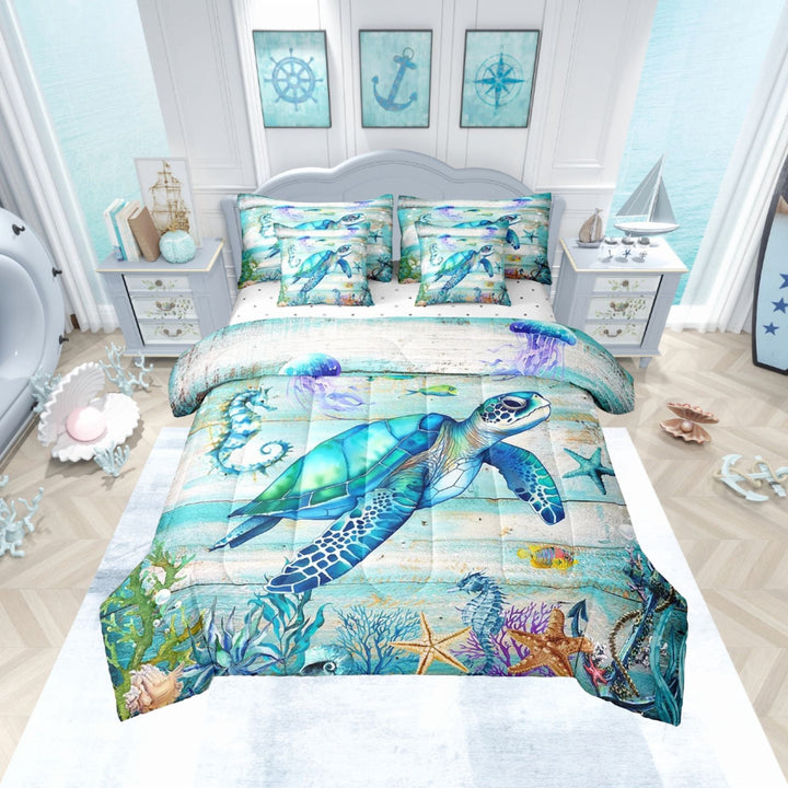 Erosebridal Coastal Comforter Set Full,Summer Sea Turtle Bed in A Bag ,Tropical Starfish Coral Bedding Sets,Farmhouse Wooden Barn Reversible Bed Sets with Sheet Set,7 Piece