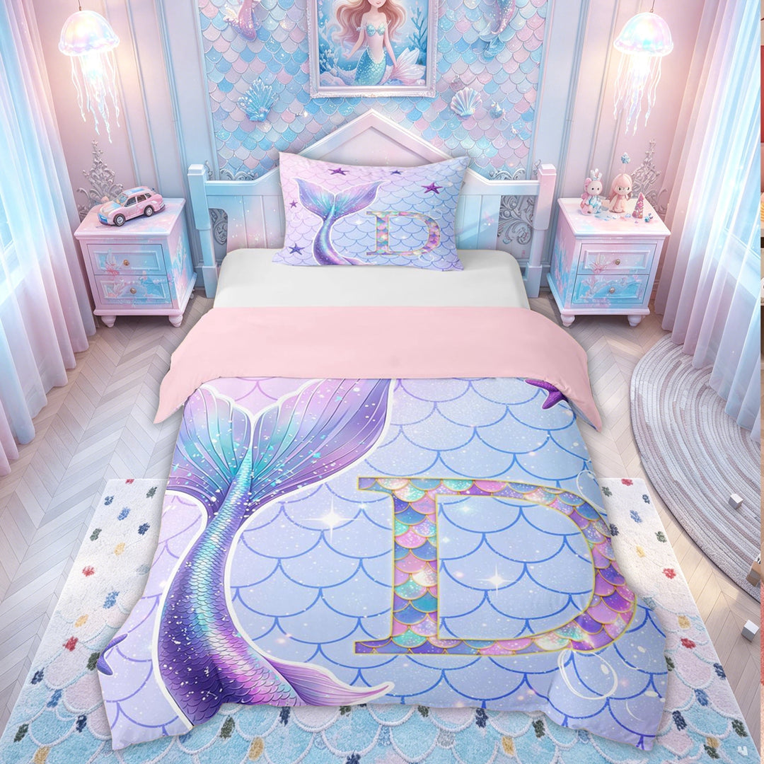 meiyoeat Mermaid Scale D Initial Bedding for Girls, Ocean Starfish Duvet Cover Full, Purple Blue, Pink Reversible 3pcs, 1 Duvet Cover and 2 Pillowcases (No Comforter)