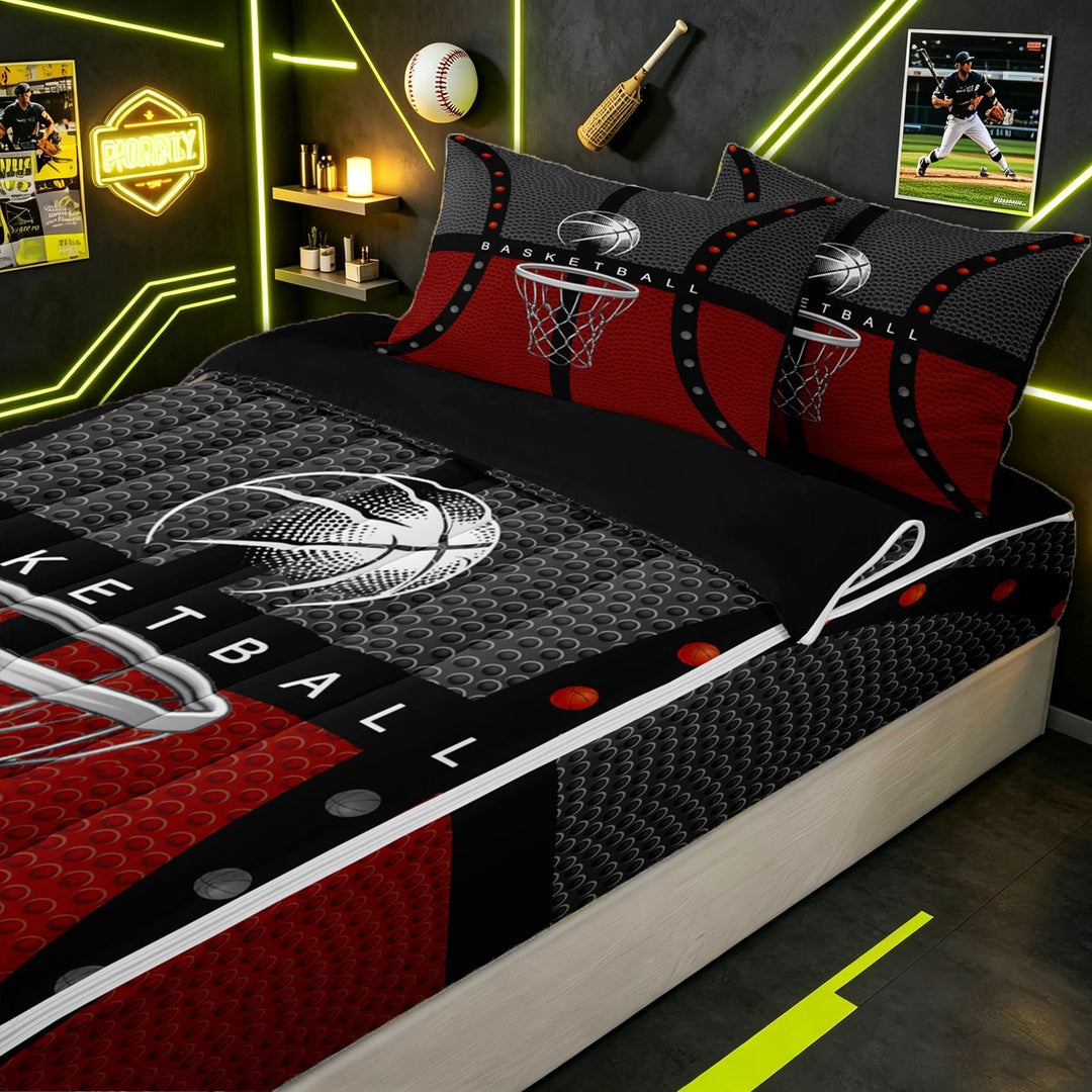 Erosebridal Basketball Lover Zipper Twin Comforter Sets with Fitted Sheet and 2 Pillowcases for Boys, Red Black Sport Court Zipper Bedding Set, Black Reversible, 4 Pieces