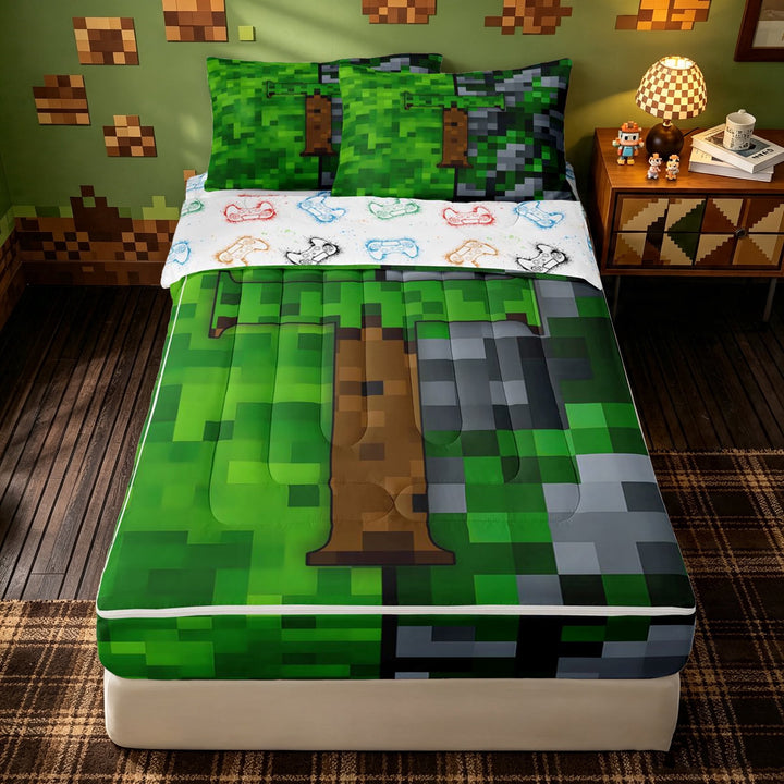 meiyoeat Vintage Game Letter T Zipper Twin Comforter Sets with Fitted Sheet and 2 Pillowcases for Girls Boys, Pixelate Miner Zipper Bedding Set, Green Brown, Gamepad Reversible, 4-Piece