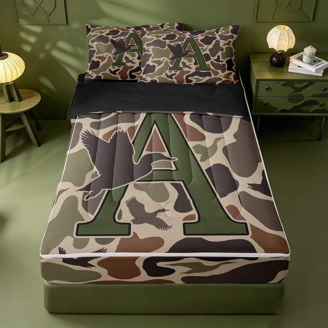 meiyoeat Camouflage Duck Monogram A Zipper Twin Comforter Sets with Fitted Sheet and 2 Pillowcases For Boys,Hunting Themed Initial Zipper Bedding Set,Black Reversible,4 Pieces