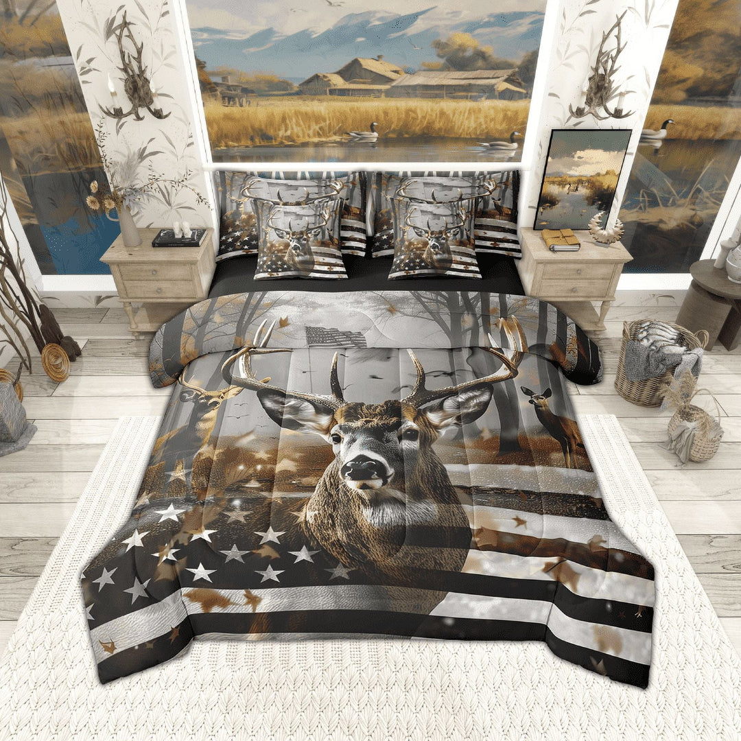 Erosebridal Twin Comforter Set 7 Piece Deer American Flag Bed In A Bag Woodland Hunting Deer Elk Bedding Set With Sheet Set And Pillow Covers For Kids Adults,Reversible Black Bed Set