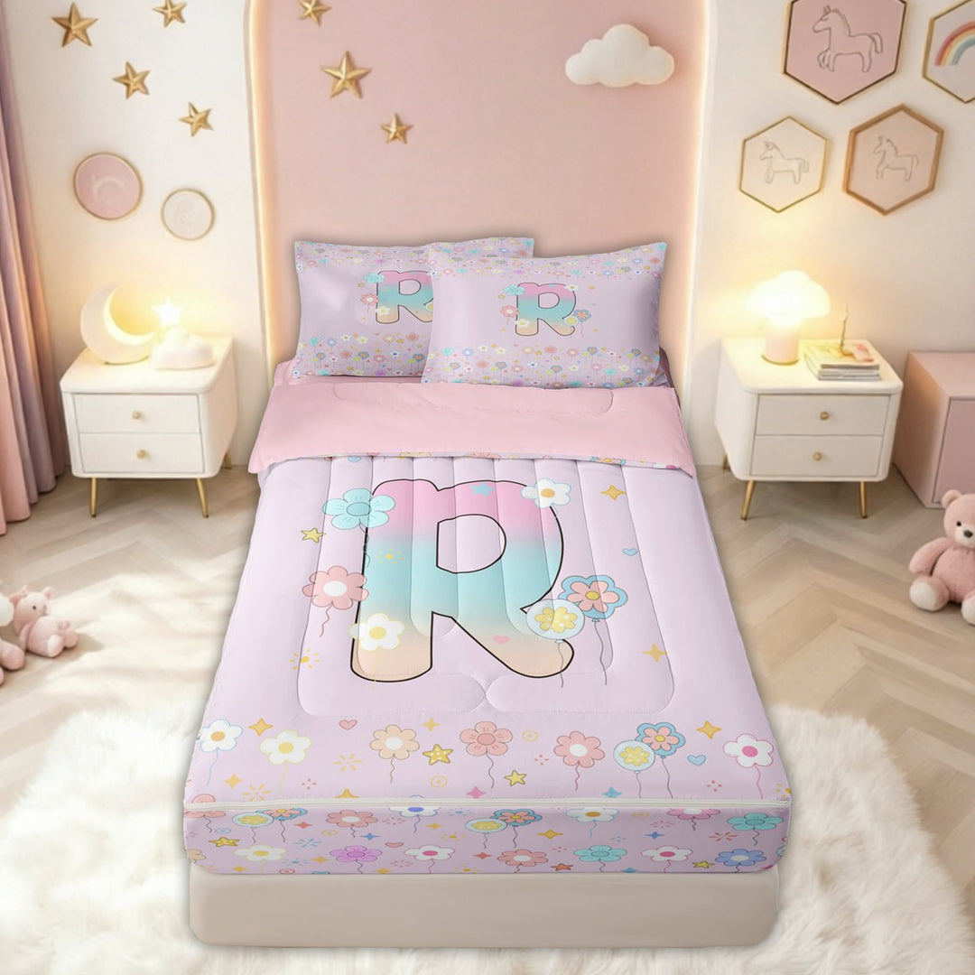 meiyoeat Cute Floral Letter R Zipper Comforter Set with Fitted Sheet and 2 Pillowcases for Kids Girls, Pastel Initial Zipper Bedding Set for Birthday Party, Pink, Pink Reversible, 3 Pieces