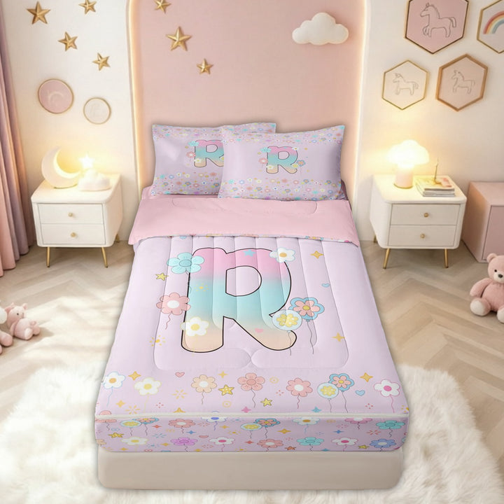 meiyoeat Cute Floral Letter R Zipper Comforter Set with Fitted Sheet and 2 Pillowcases for Kids Girls, Pastel Initial Zipper Bedding Set for Birthday Party, Pink, Pink Reversible, 3 Pieces
