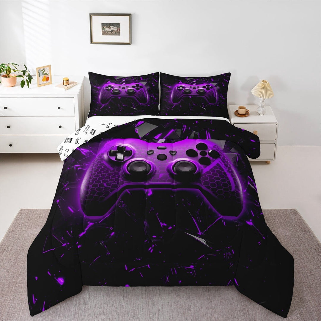 Gaming Bedding Set Twin Size,Geometric Honeycomb Gamepad Comforter Set 2Pcs,Video Games Quilt Set Teens Men Room Decor,Modern Black Purple Reversible Duvet Insert,1 Pillowcase
