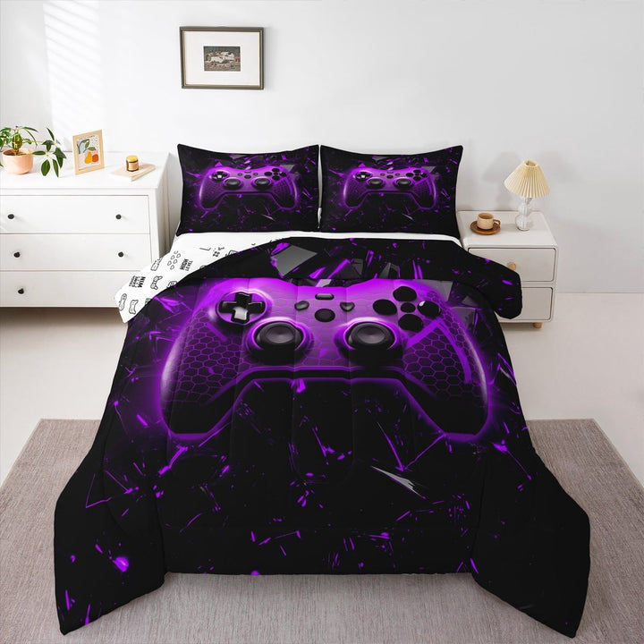 Gaming Bedding Set Twin Size,Geometric Honeycomb Gamepad Comforter Set 2Pcs,Video Games Quilt Set Teens Men Room Decor,Modern Black Purple Reversible Duvet Insert,1 Pillowcase