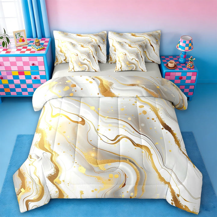 Erosebridal Aesthetic Marbling Bedding Full Size,Gradient Ink Fluid Art Bed Set,Gold Metallic Print Bedding Sets Full Size,Microfiber Bedroom Decor Reversible,7pcs