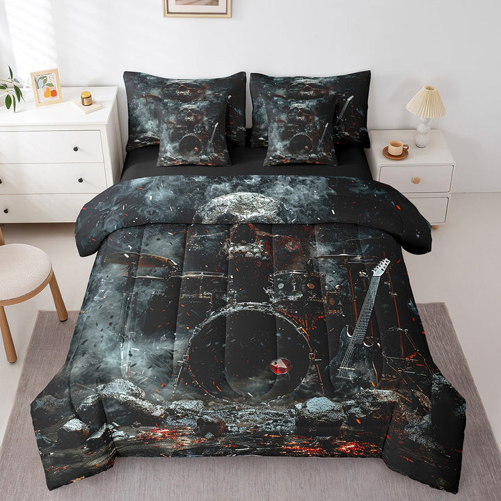 YST Gothic Music Themed 7 Piece Comforter Set Full Bed in a Bag,Musical Instrument Drum Kit Bedding Sets Halloween Skeleton Sugar Skull Grunge Black Red Sheet Set with Comforter