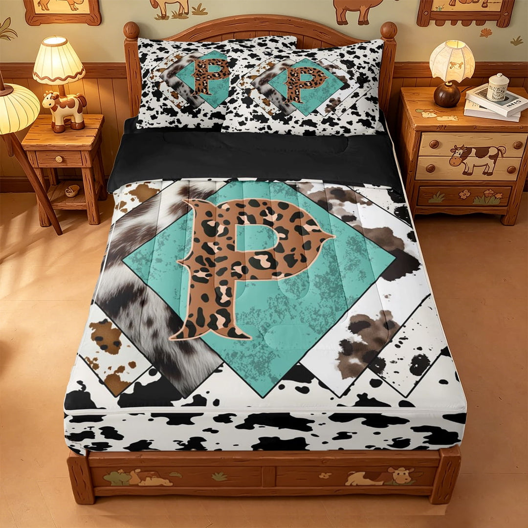 meiyoeat Western Leopard Monogram P Zipper Full Size Comforter Sets with Fitted Sheet and 2 Pillowcases For Boys,Cow Print Initial Art Zipper Bedding Set,Black Reversible,4 Pieces