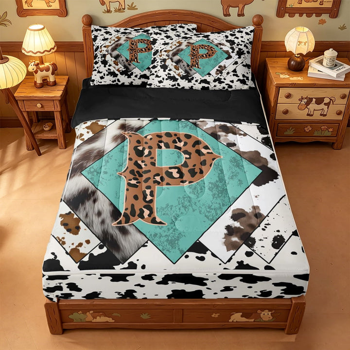 meiyoeat Western Leopard Monogram P Zipper Full Size Comforter Sets with Fitted Sheet and 2 Pillowcases For Boys,Cow Print Initial Art Zipper Bedding Set,Black Reversible,4 Pieces