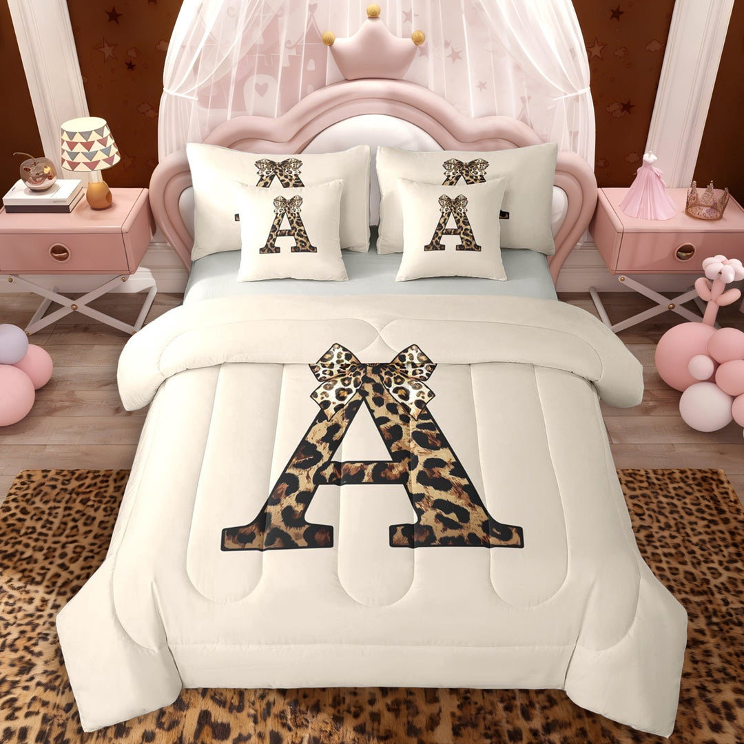 Erosebridal A Letter Monogrammed Twin Bedding Sets 7-Piece For Teens Adults,Girls Boys Vintage Cheetah Print Bow Bedding Comforter Set,Grey Reversible