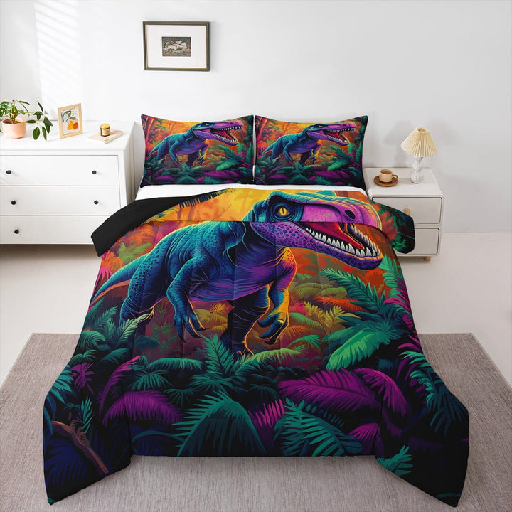 Erosebridal Dinosaur Bedding Set Twin Watercolor Dino Comforter Set, Tyrannosaurus Rex Duvet Rainbow Jungle Bedding Comforter Sets, Wild Animal Quilted Comforter Microfiber 2pcs
