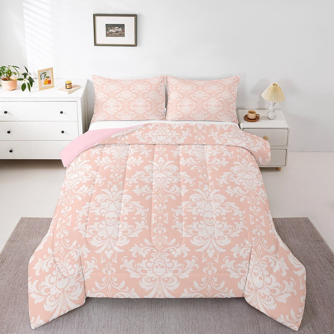 Erosebridal Teens Damask Skull Bedding Sets Full With Comforter,Boho Flower Duvet Insert,Gothic Decoration,Reversible,Lightweight,3 Pieces