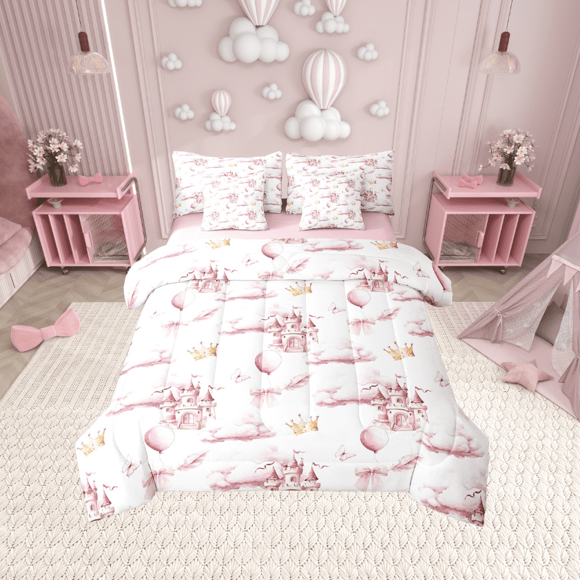 Erosebridal Princess Castle Bedding Sets Twin Size,Bowknot Balloon Comforter Sets with Sheets,Pink Butterfly Bed in a Bag Twin size,Ultra Soft Kawaii Bedroom Decoration,Reversible,7-Piece