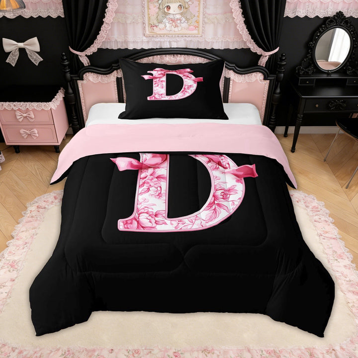 Erosebridal Floral Bow Letter D Twin Comforter Sets for Girls, Pink Initial Ribbon Bedding Set, Reversible, 2-Piece