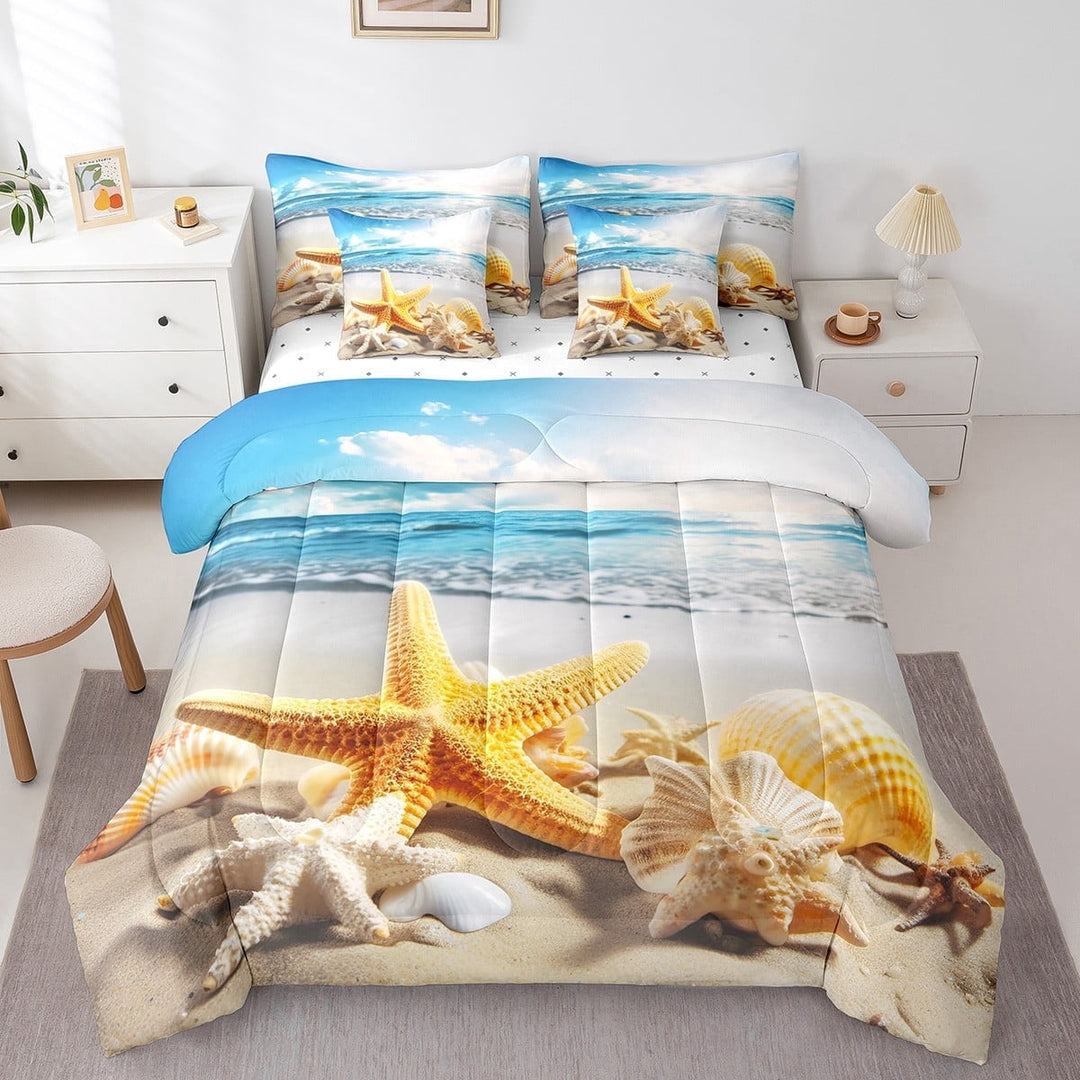 Tropical Beach Bedding Queen Size 7 Pieces Coastal Starfish Comforter Set, Ocean Conch Sea Shell Bedding Comforter Sets Ocean Wave Bed in a Bag, Summer Holiday Bedding Accessories Room Decor