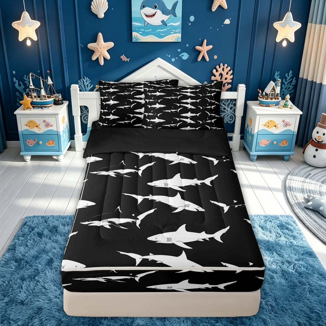 meiyoeat Ink Shark Silhouette Zipper Comforter Set with Fitted Sheet and 2 Pillowcases for Men Boys, Gothic Sketch Sea Animal Zipper Bedding Set, Black White, Black Reversible, 3-Piece