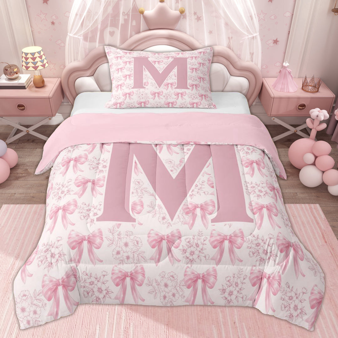 Erosebridal Kawaii Initial M Kids Twin Comforter Sets, Pink Princess Bow Bedding Set, 2 Pieces