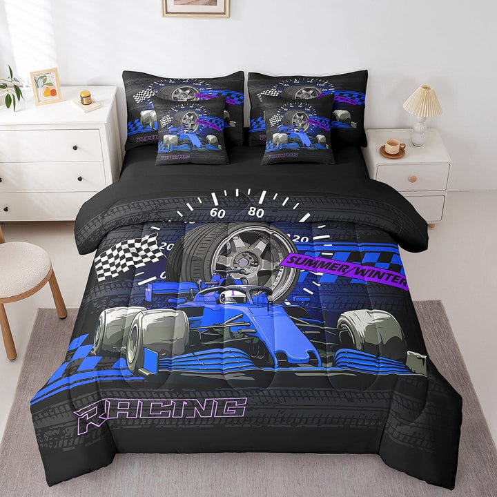 Erosebridal Fast Car Bedding Sets Twin Size,Black Blue Comforter Sets with Sheets,Car Theme Bed in a Bag Twin size,Microfiber Geometric Room Decorative,Reversible,7pcs