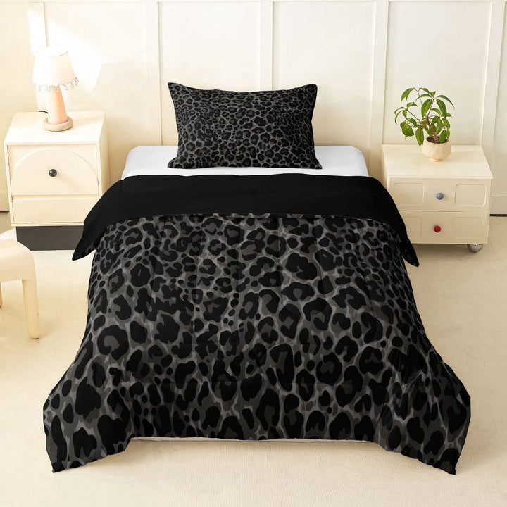 Erosebridal Modern Leopard Print Kids Twin Comforter Sets, Farmhouse Camo Printed Bedding Set, Black Reverisble, 2-Piece