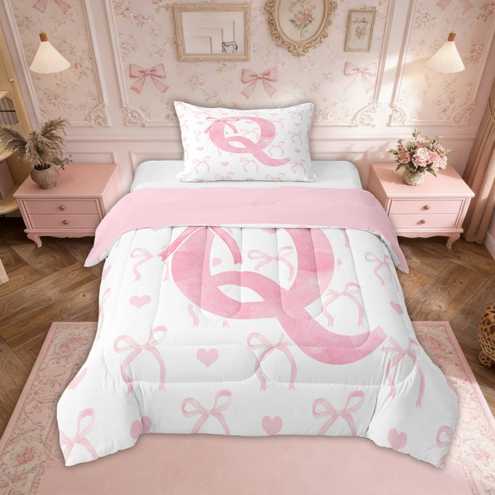 Erosebridal Pink Bowknot Comforter Sets Twin Size, Initial Q Letter Comforters &amp; Duvets, Cartoon Love Decor, Reversible