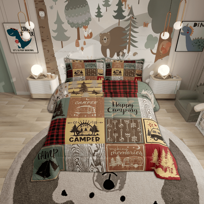 Retro Camper Quilt Set Happy Camping Full Bedding Set Adults,Rv Camping Accessories Comforter Set For Travel Trailers Campers,Vintage Rustic Buffalo Plaid Bed Set 3 Pcs