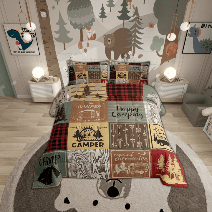 Retro Camper Quilt Set Happy Camping Full Bedding Set Adults,Rv Camping Accessories Comforter Set For Travel Trailers Campers,Vintage Rustic Buffalo Plaid Bed Set 3 Pcs