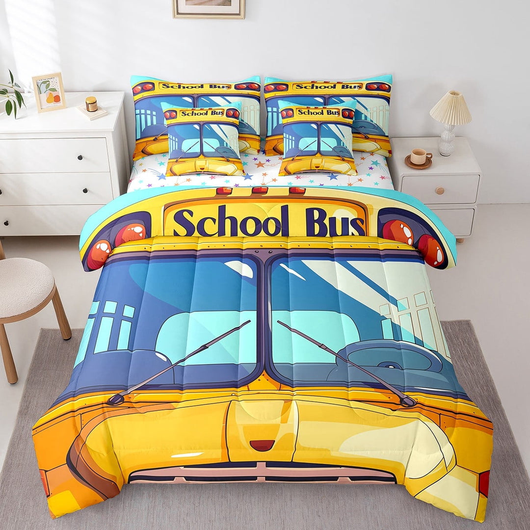 7 Piece School Bus Bedding Sets Twin Size Cartoon Vehicle Bed in a Bag Educational Themes Comforter Set with Sheets School Bus Decor Bed Set Blue Orange Vehicle Print Sheet Set
