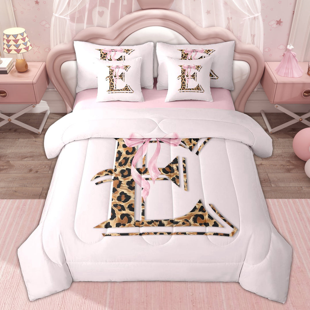 Erosebridal Cheetah Print E Letter Kid Twin Bedding Sets, Princess Pink Bow Bedding Comforter Set, 7pcs