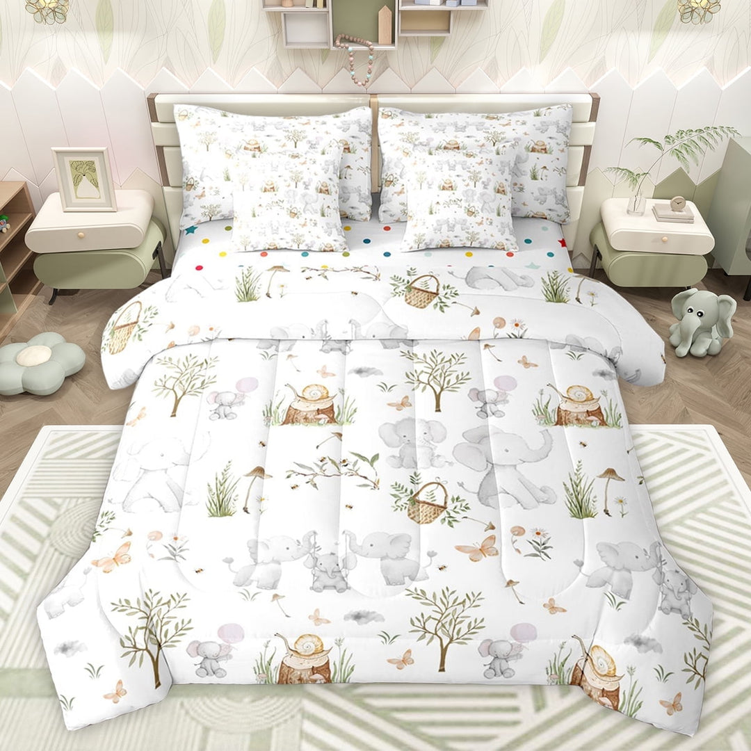 jejeloiu Kawaii Elephant 7-Piece Twin Bedding Sets,Rustic Farmhouse Cabin Bedding Comforter Set,Cartoon Zoo Animal Sheet Sets For Boys Teens,Breathable Home Decor Reversible