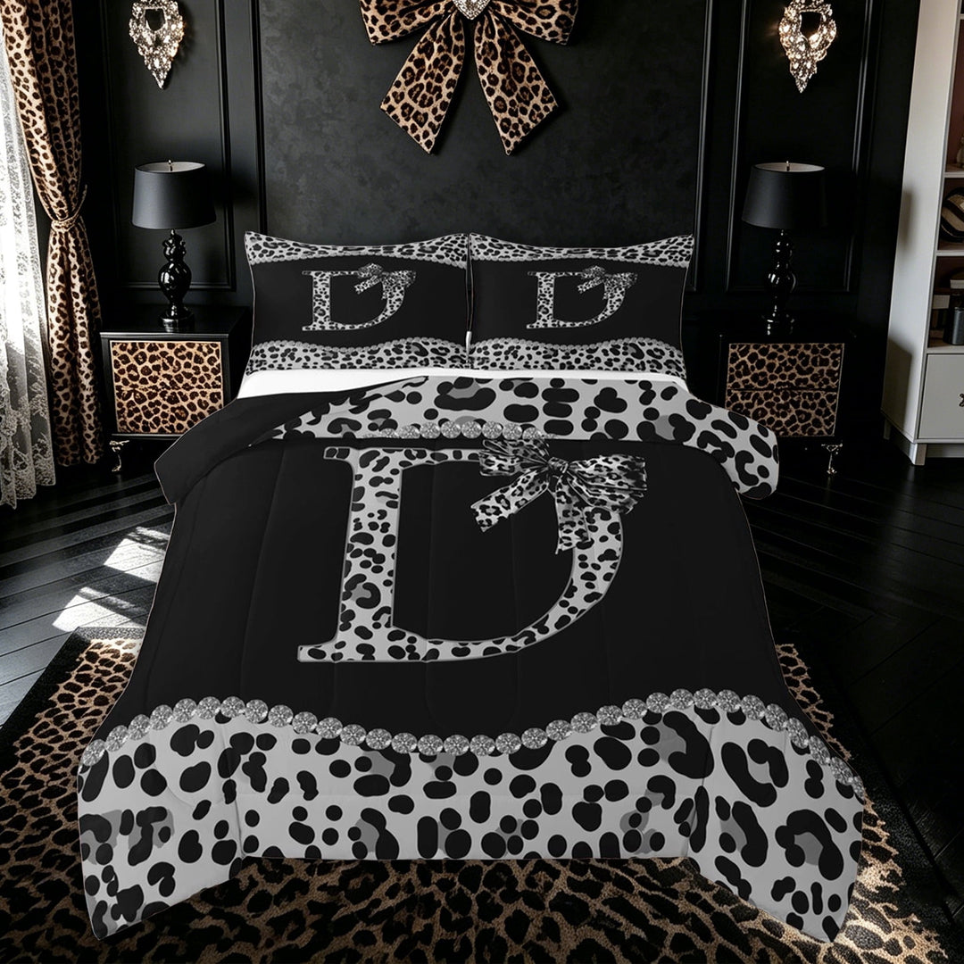 Meiyoeat Leopard Print Bow D Letter King Size Comforter Sets for Girls Women, Fashion Boho Gemstones Bedding Sets, Black Grey, Black Reversible, 3pcs