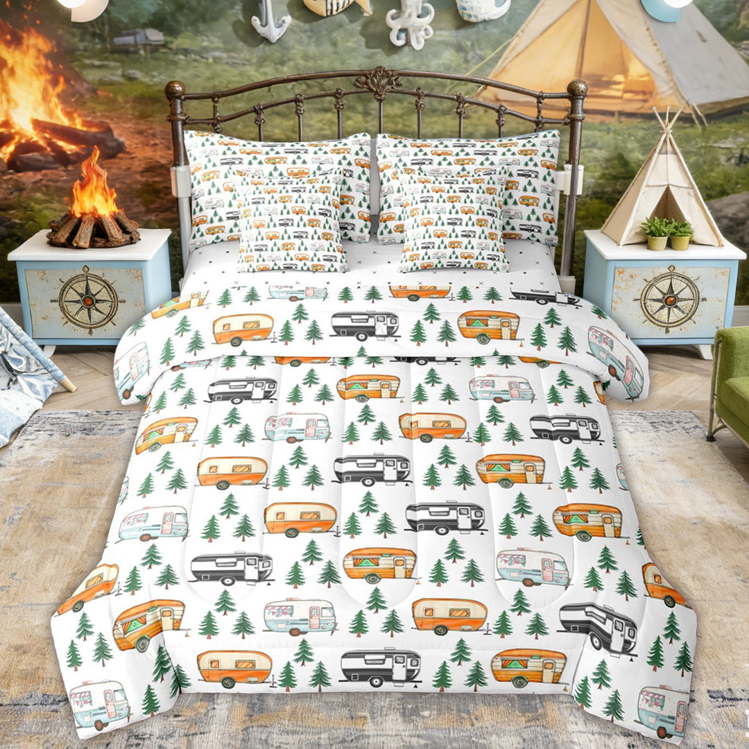 Erosebridal Colorful RV Car Twin Bedding Sets, Farmhouse Pine Tree Bedding Comforter Set for Men and Women, 7pcs