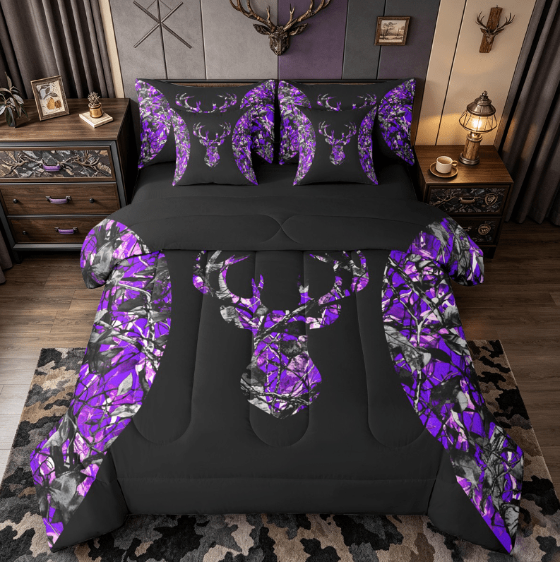 Manfei Jungle Deer Skull 7-Piece Bedding Comforter Set,Purple Black King Bedding Sets,Hunting Camo Bed Sheets For Kids,Super Cozy Room Decor Reversible