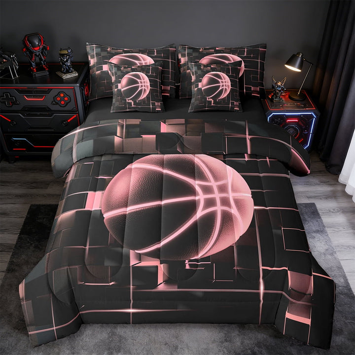 Erosebridal Ball Games Bedding Twin Size,Basketball Sport Bedding Twin Size,Neon Light Ombre Geometry Bedding Sets Twin Size For Girls,Super Cozy Room Decoration Reversible,7pcs