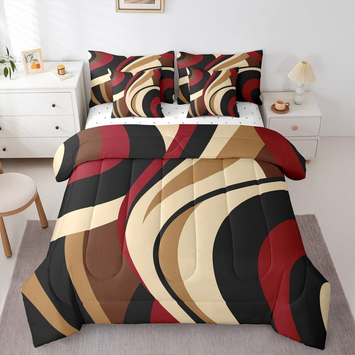 Black Red Brown 7Pcs Comforter Set Twin Size Vintage Abstract Stripes Bedding Set Women Adult Bedroom Decor Geometric Circle Waves Fitted + Flat Sheet Soft Polyester 2 Pillow Cover