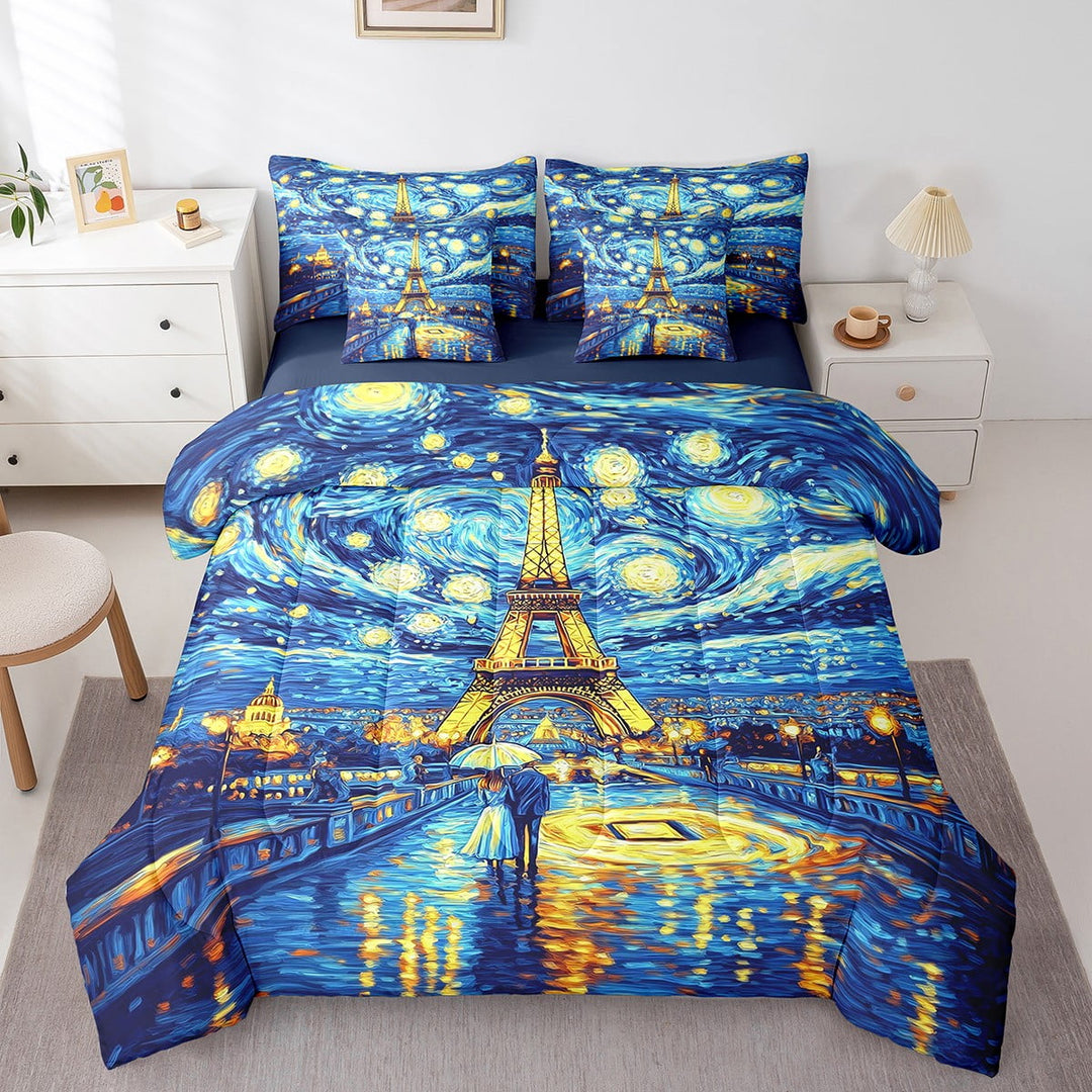 Queen Eiffel Tower Comforter Sets 7-Piece,Starry Night Bedding Set with Sheets Bed in a Bag,Paris Bed Sheets Set,Romantic City Down Comforter with 2 Pillow Covers Valentine&