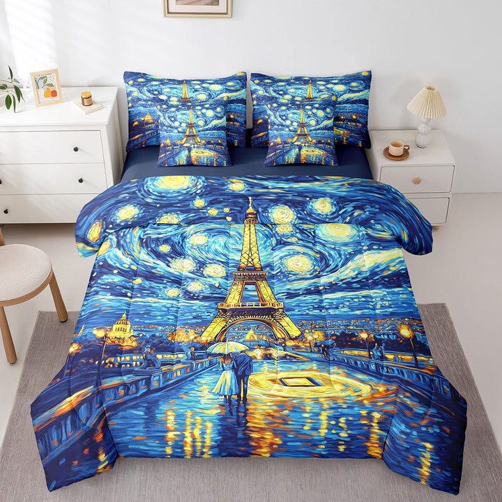 Queen Eiffel Tower Comforter Sets 7-Piece,Starry Night Bedding Set with Sheets Bed in a Bag,Paris Bed Sheets Set,Romantic City Down Comforter with 2 Pillow Covers Valentine&