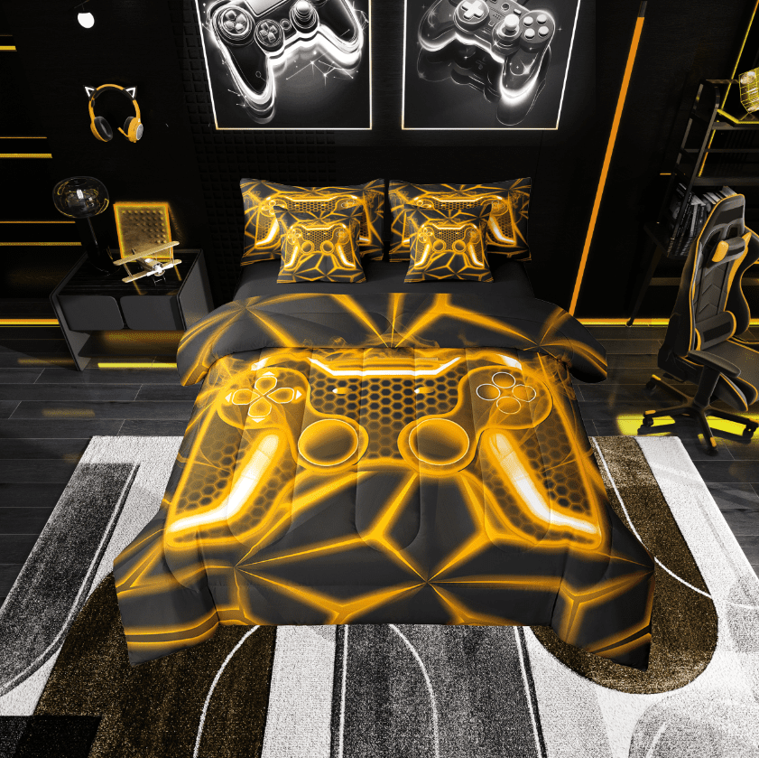 Erosebridal Video Game Bedding Sets Twin Size,Orange Neon Comforter Sets with Sheets,Geometric Honeycomb Bed in a Bag Twin size,Lightweight Gamepads Bedroom Decorative,Reversible,7pcs