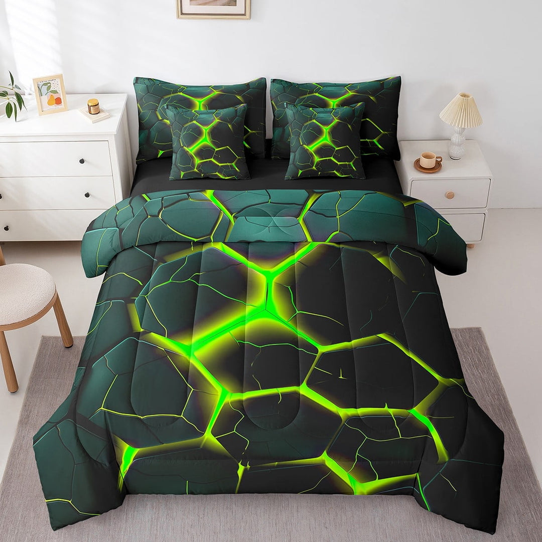 Green Honeycomb Print 7 Piece Bed in a Bag Twin Abstract Geometry Bedding Set with Comforter,Beehive Geometrical Fitted Sheet Black Stripes Decor Cushiom Covers Soft Reversible Bed Set