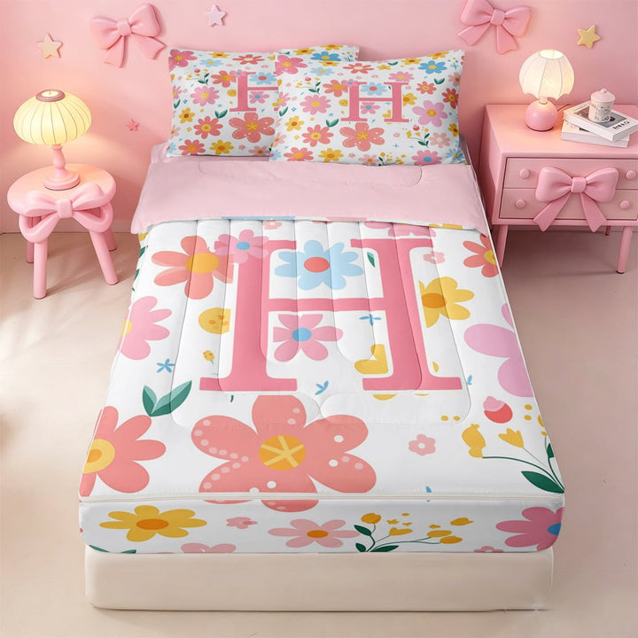 meiyoeat Cute Floral Initial Print Zipper Twin Comforter Sets with Fitted Sheet and 2 Pillowcases For Girls,Multicolor Flowers Monogrammed H Letter Zipper Bedding Set,pink Reversible,4-Piece