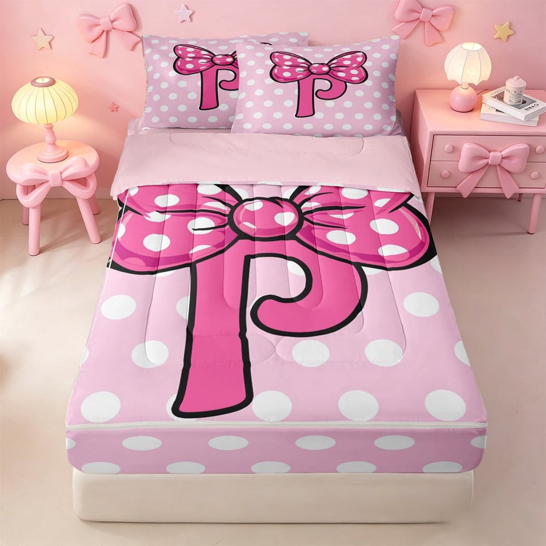 meiyoeat Polka Dot Bowknot Monogrammed P Zipper Twin Comforter Sets with Fitted Sheet and 2 Pillowcases For Girls,Pink Cute Initial Design Zipper Bedding Set,Pink Reversible,4 Pieces