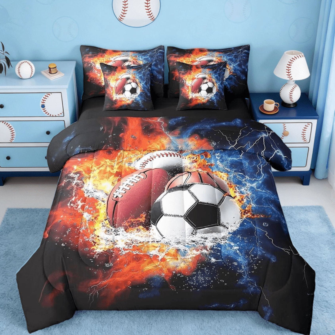 Manfei Football Baseball Sports 7 Pieces Bedding Comforter Set,Ball Games Bedroom 3D Soccer Full Bedding Set For Boys Kids Reversible