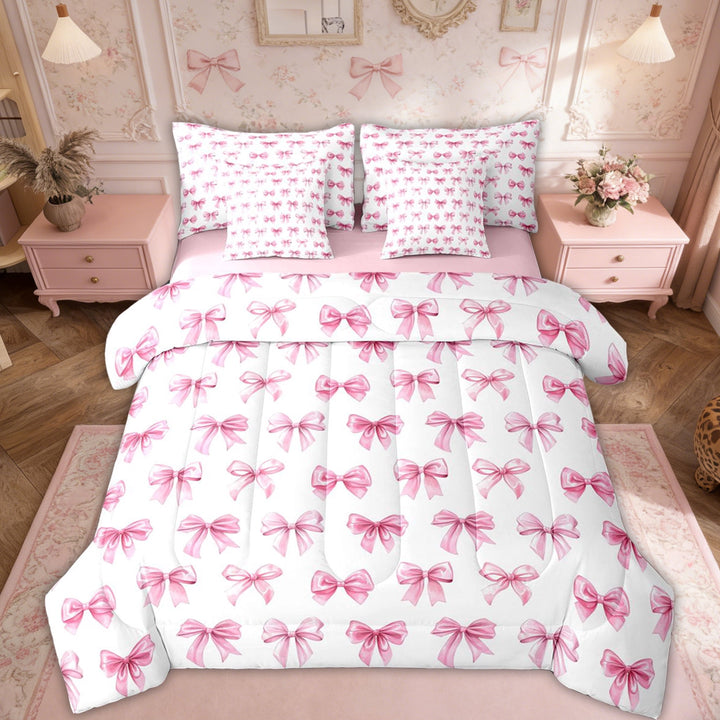 Erosebridal Cartoon Ribbon Kids Twin Bedding Sets, Kawaii Bow-tie Bedding Comforter Set, Pink, 7pcs