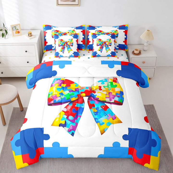 7 Pieces Twin Size Puzzle Bowknot Comforter Set,Cartoon Building Blocks Bow-tie Bedding Set,Geometric Gaming Bricks (Comforter+Fitted+Flat Sheet+2 Pillowcases+2 Throw Pillow Covers)