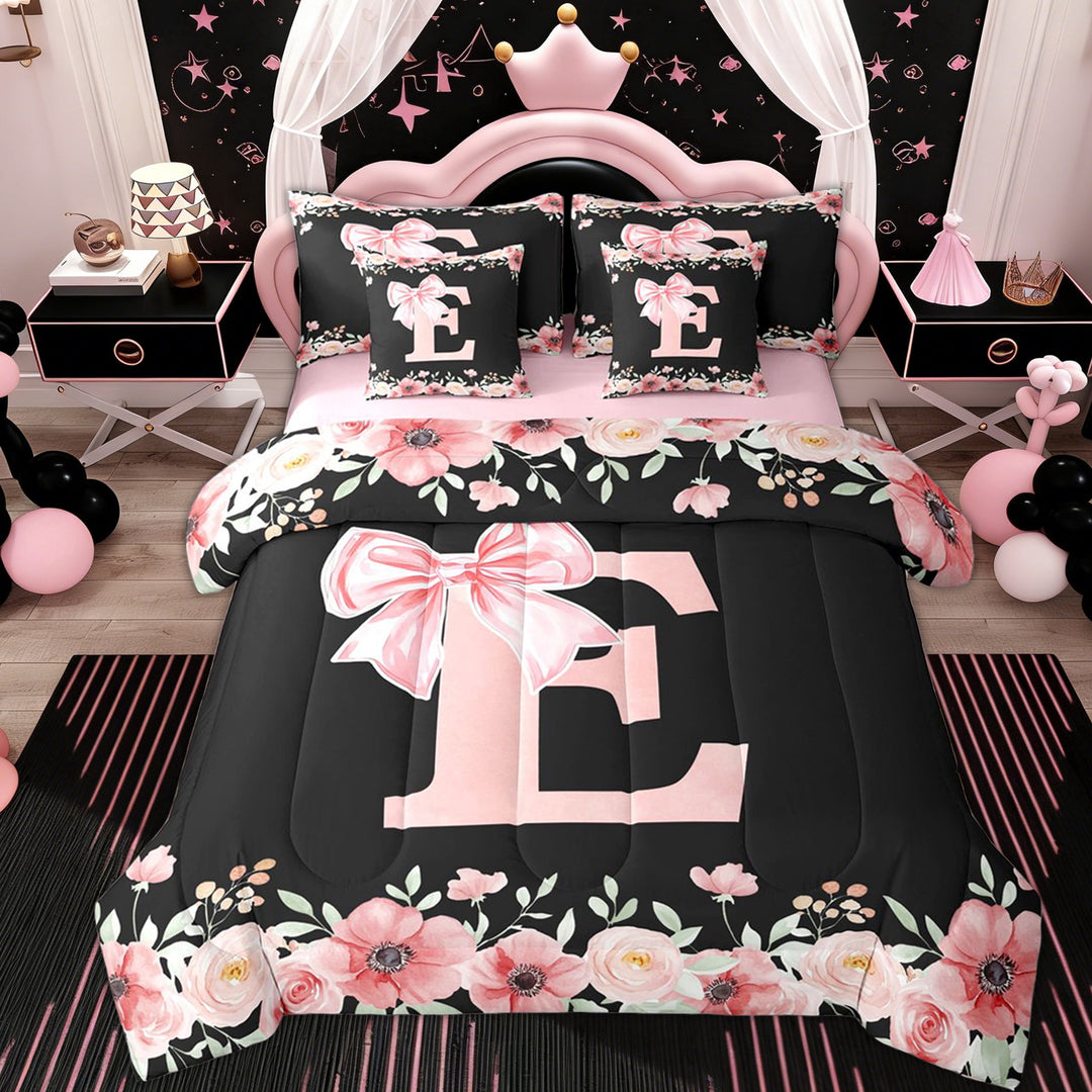 Erosebridal Letter E Twin Bedding Sets 7-Piece for Girl, Cherry Blossoms Bedding Comforter Set, Black Pink