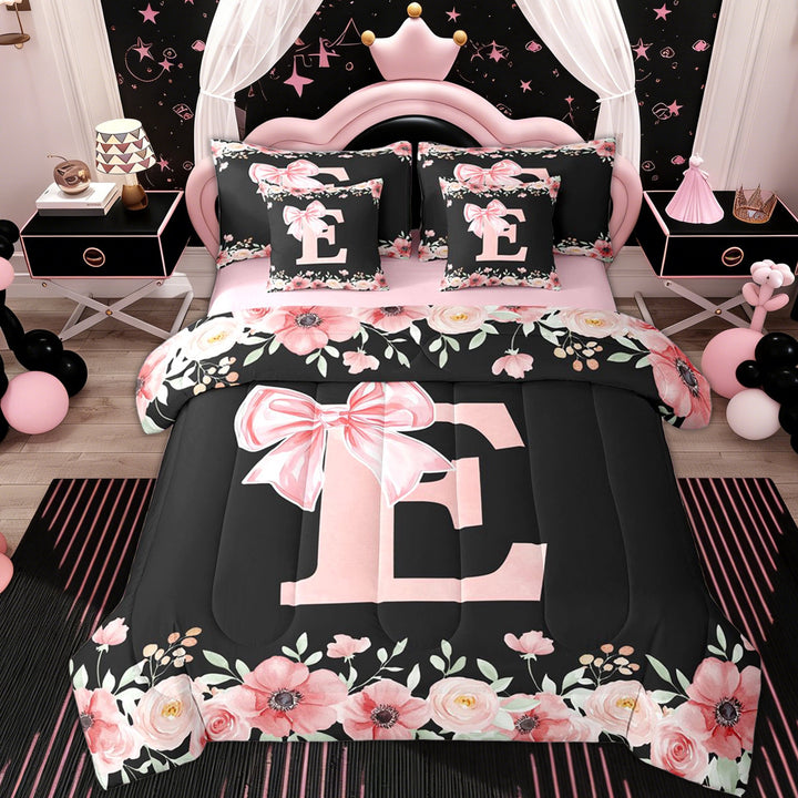 Erosebridal Letter E Twin Bedding Sets 7-Piece for Girl, Cherry Blossoms Bedding Comforter Set, Black Pink