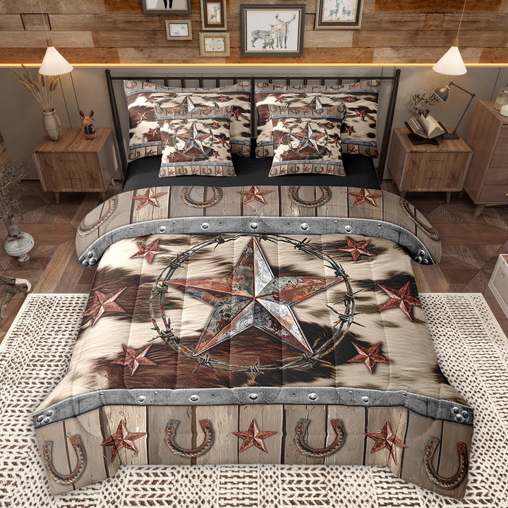 Manfei Western Texas Stars Bed in a Bag Twin size, Brown Cow Print Bed Set, Horse Shose Reversible Bedding Twin Size, Microfiber Bedroom Decoration, 7pcs