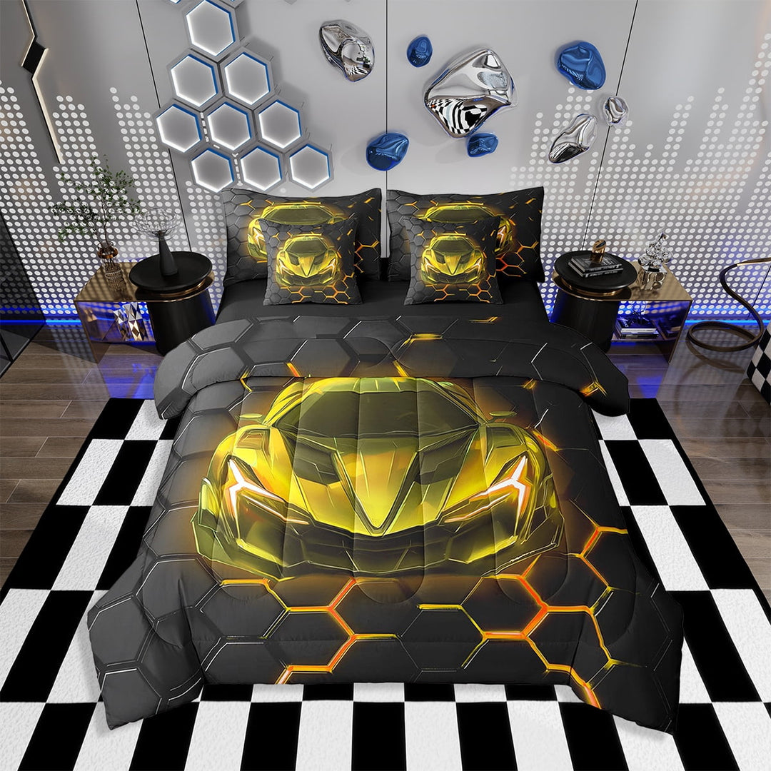 Erosebridal Race Car 7 Pieces Bedding Set Neon Honeycomb Twin Comforter Set with Sheets Room Decor Racing Car Bed in a Bag Speed Car Bed Set
