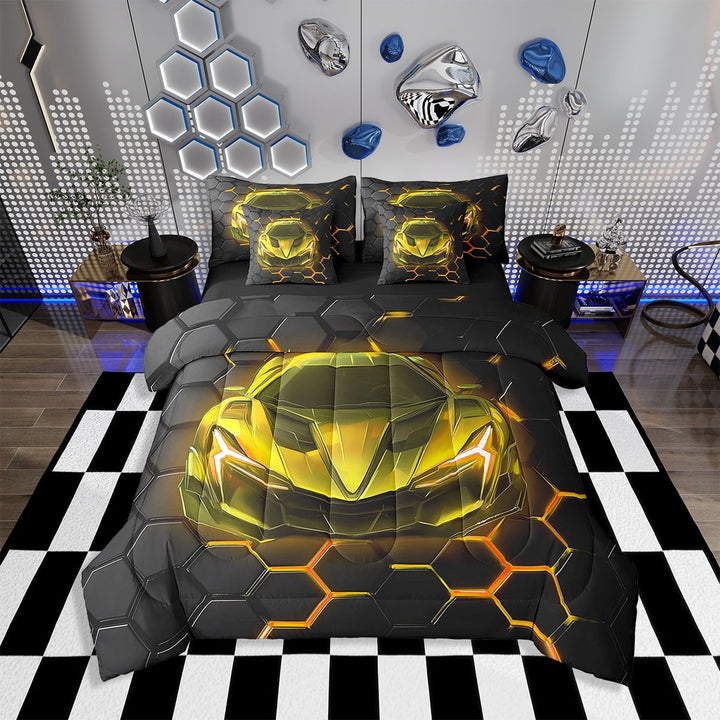 Erosebridal Race Car 7 Pieces Bedding Set Neon Honeycomb Twin Comforter Set with Sheets Room Decor Racing Car Bed in a Bag Speed Car Bed Set